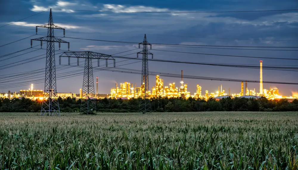 Strommasten und Hochspannungsleitungen führen zu einer beleuchteten Industrieanlage bei Dämmerung.
