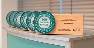 Man sieht die Preise für die Leuchtturmprojekte der Klima.Sieger 2025 aus Holz und Kunststoff