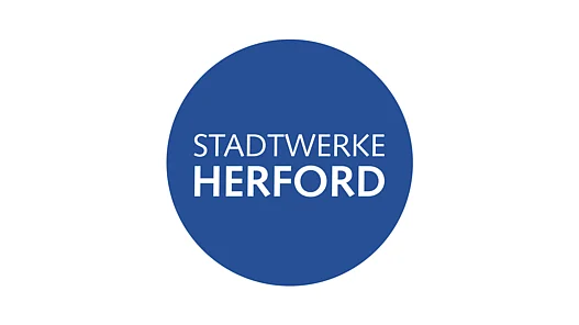 Stadtwerke Herford Logo Man sieht das blaue Logo der Stadtwerke Herford