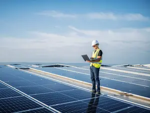 Umsetzung von Energielösungen im Rahmen der energetischen Optimierung Ein Monteur steht auf dem Dach eines Unternehmens und begutachtet die installierten Photovoltaikanlagen.