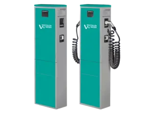 Zwei graue Ladesäulen mit türkisfarbenem Streifen stehen bereit zum Laden von Elektrofahrzeugen.
