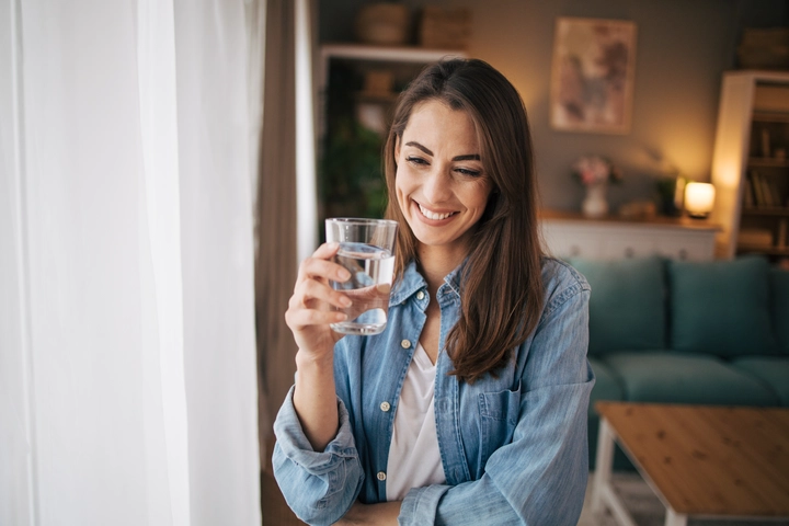 Eine Frau steht in ihrem Wohnzimmer am Fenster und hält ein Glas Wasser in der Hand