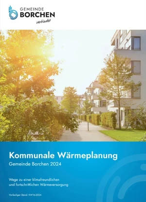 Der Titel der Zeitschrift zur Kommunalen Wärmeplanung Borchen der Gemeinde Borchen. Man sieht ein Neubaugebiet