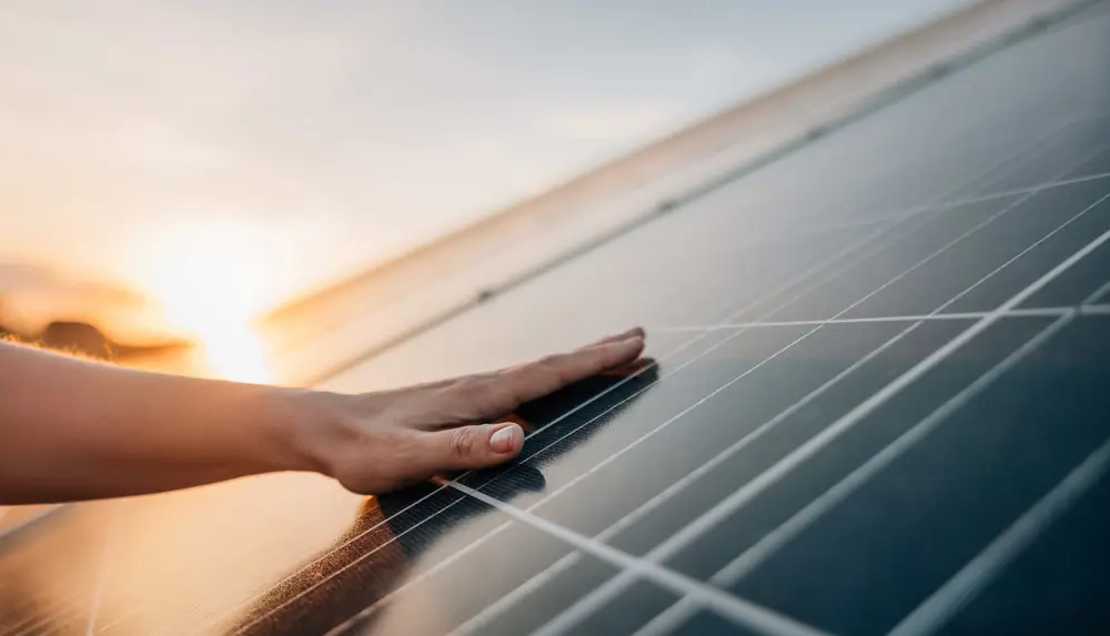 Eine Mann liegt flach auf einem Photovoltaikmodul während im Hintergrund die Sonne untergeht.