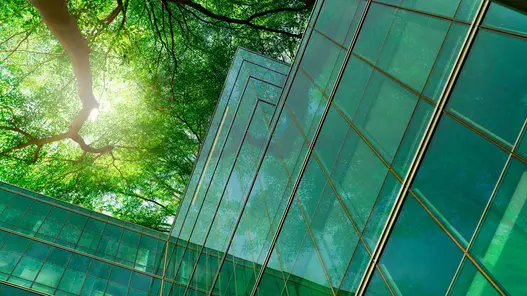 Ein Glashaus wird aus der Froschperspektive fotografiert und man sieht die Baumkronen über dem Gebäude.