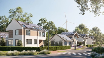 Moderne Siedlung mit Mehrfamilienhäusern bei gutem Wetter