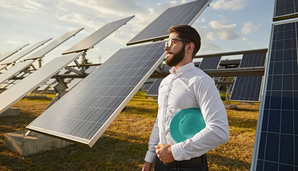 Ein Mann in Business-Kleidung und einem Helm unter dem Arm steht auf einem Feld vor PV-Freiflächenanlagen und lächelt in die Ferne.