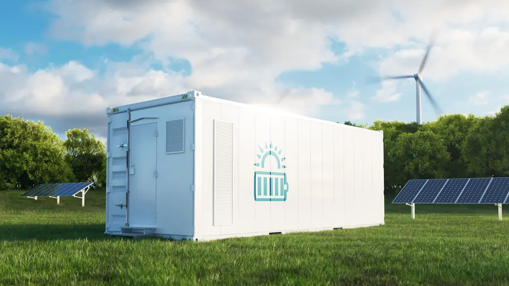 Ein weißer Batteriegroßspeicher mit steht vor Solarpaneelen und einem Windrad auf einer Wiese.