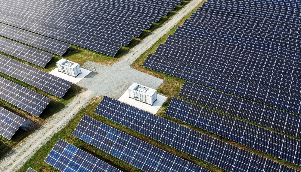 Eine große Solaranlage mit Batteriespeichern und Schotterweg verläuft durch grüne Flächen mit Solarpaneelen.