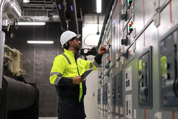 Ein Techniker in Schutzkleidung prüft Schaltanlagen in einem technischen Raum zur Sicherung von Energieanlagen.