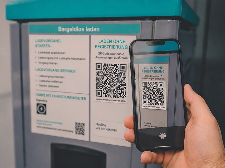 Eine Person scannt einen QR Code an einer Ladesäule mit einem Smartphone zum Starten des Ladevorgangs.
