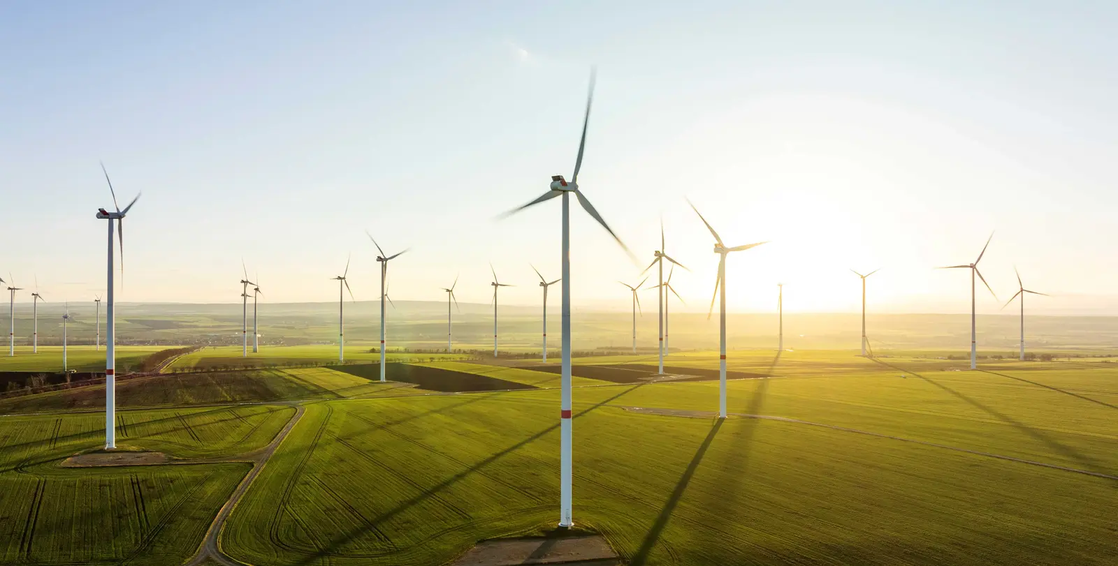 Mehrere Windräder stehen auf einer Wiese und drehen sich während im Hintergrund die Sonne scheint.