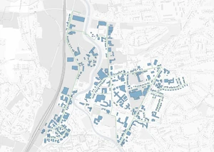 Fernwärme Netz Herford Nord Man sieht auf einer Landkarte Herford mit blau eingefärbten Bereichen.