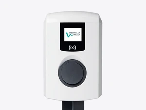 Die abgebildete Wallbox bietet einen Ladeanschluss und ist mit Kommunikationsfunktionen ausgestattet – ideal für Unternehmen, die eine vernetzte und effiziente Ladeinfrastruktur aufbauen möchten.