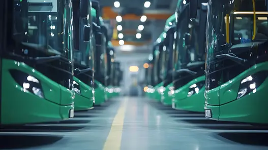 Reihe grüner Elektrobusse steht geordnet in einer beleuchteten Fahrzeughalle.