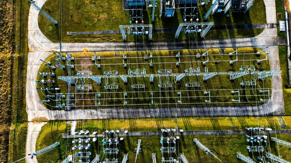 Ein großes Umspannwerk wurde aus der Luft aufgenommen.