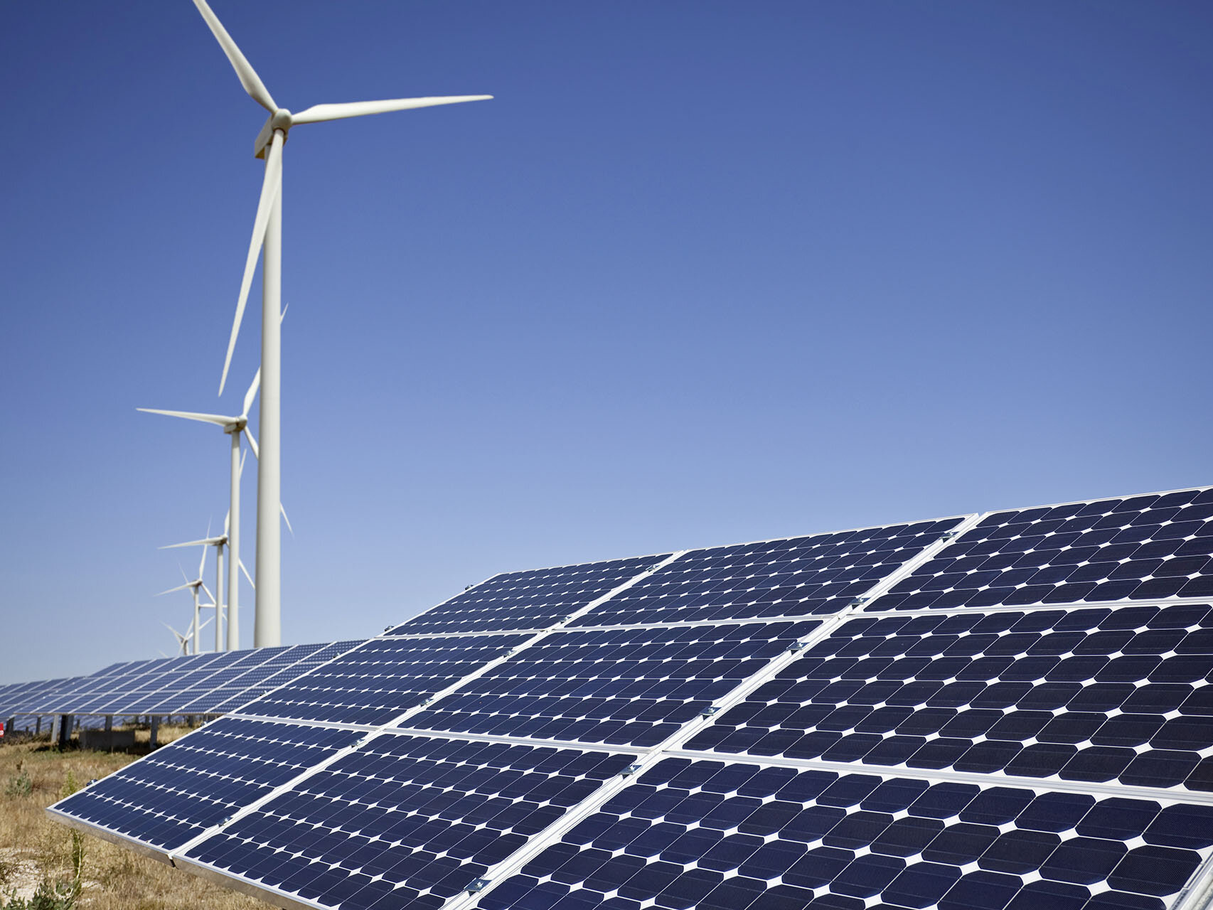 Photovoltaikanlage mit Windrädern im Hintergrund bei blauem Himmel