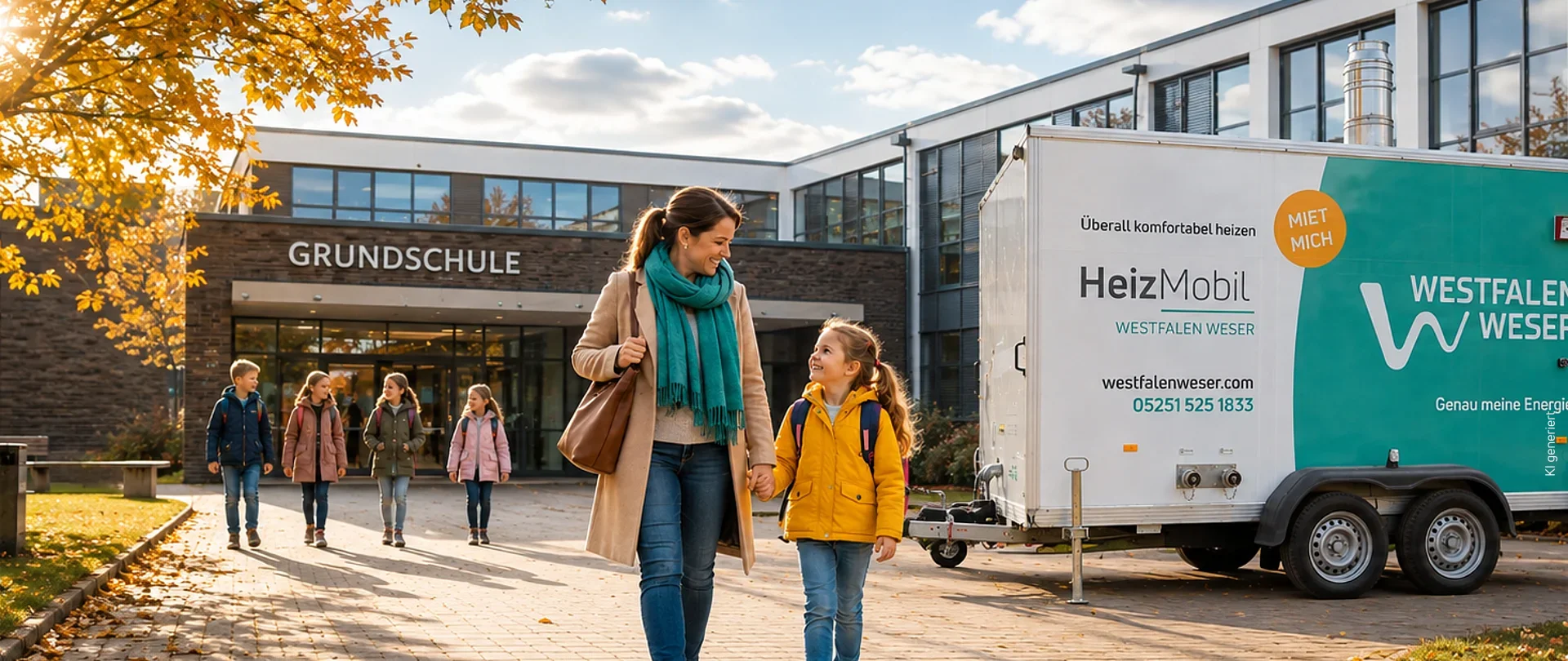 Vor der Schule gehen Mutter und Kind am HeizMobil vorbei.