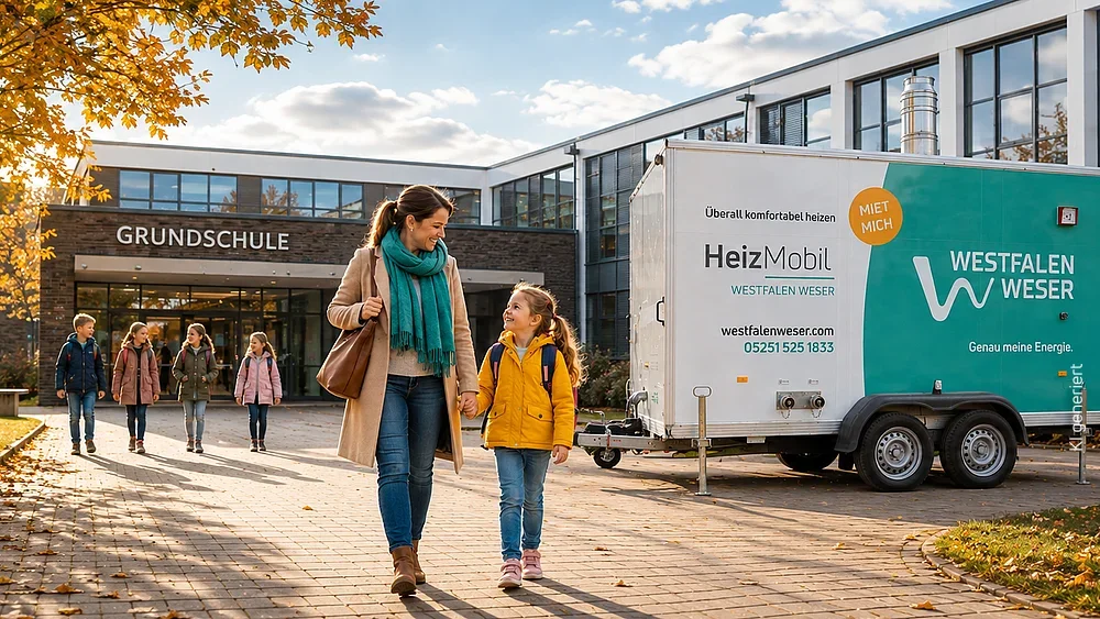 Vor der Schule gehen Mutter und Kind am HeizMobil vorbei.